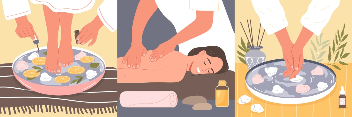 Aromatherapy flat concept set with women getting oil massage isolated vector illustration