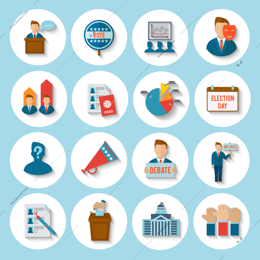 Election president voting debate icon flat set isolated vector illustration