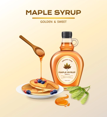 Glass bottle of golden and sweet maple syrup topped pancakes and seeds realistic composition vector illustration