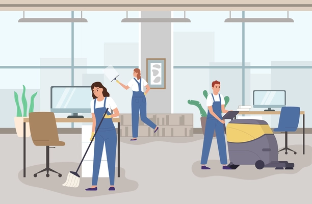 Professional cleaning service flat composition with people washing windows and mopping office floor vector illustration