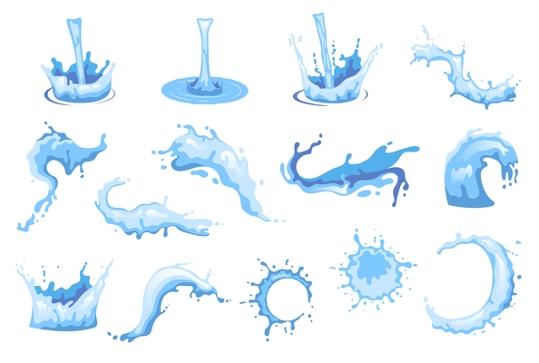 Pouring water splashes and drops flat icons set isolated vector illustration