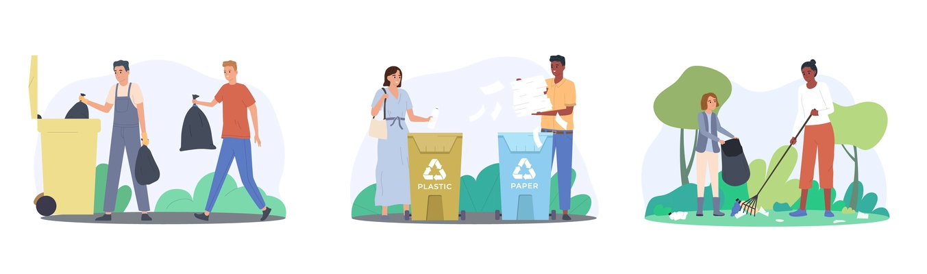 People picking and sorting waste flat composition set isolated vector illustration