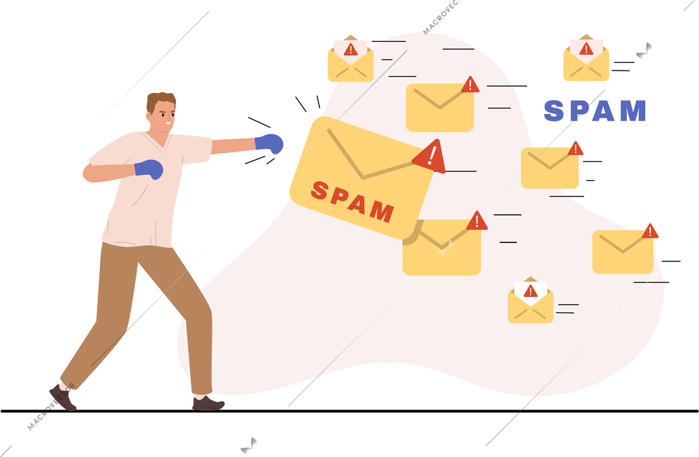 People fighting spam messages flat concept with man punching envelopes vector illustration