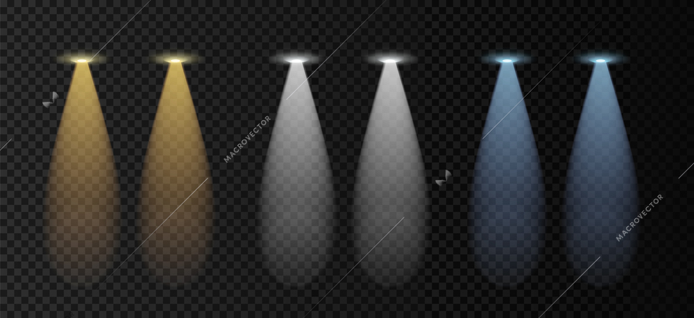 Colourful car lights with reflection on road realistic set top view isolated on transparent background vector illustration