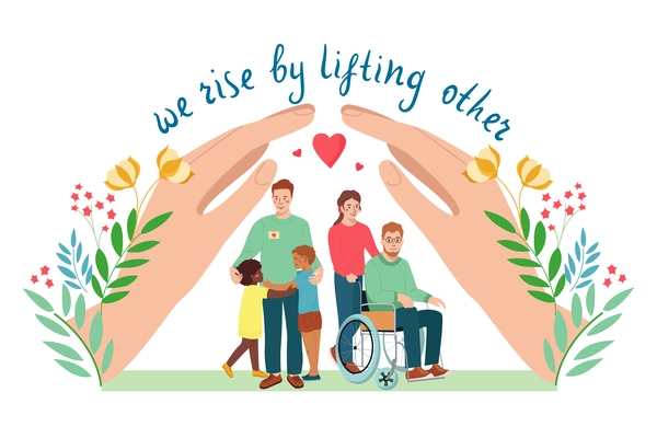 Charity flat composition with huge human hands covering volunteers and children with disabled person and text vector illustration