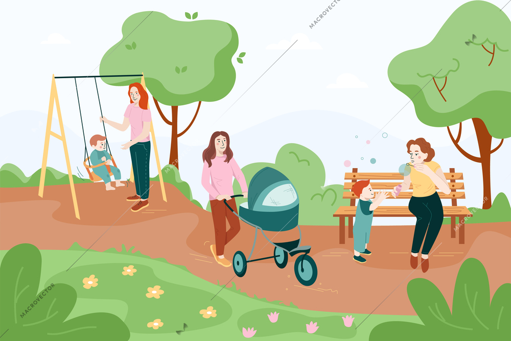 Babysitter flat composition with outdoor park landscape and adult women walking babies with stroller and swing vector illustration