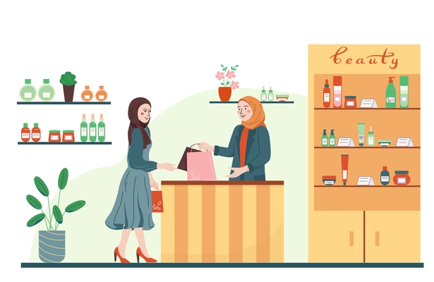 Hijab woman flat composition with view of beauty products store and muslim client with shop assistant vector illustration