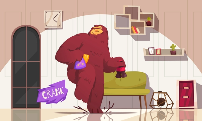 Funny yeti tiptoeing in living room stealing snacks and bottles cartoon vector illustration