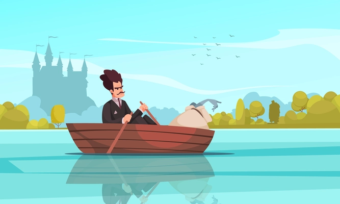Dr frankenstein sailing on boat with bag and human arm in it on background with trees blue sky and castle silhouette cartoon vector illustration