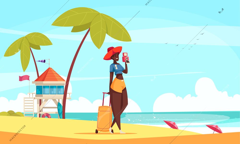 Smiling black woman tourist with suitcase taking photos on tropical beach with palms and lifeguard tower cartoon vector illustration