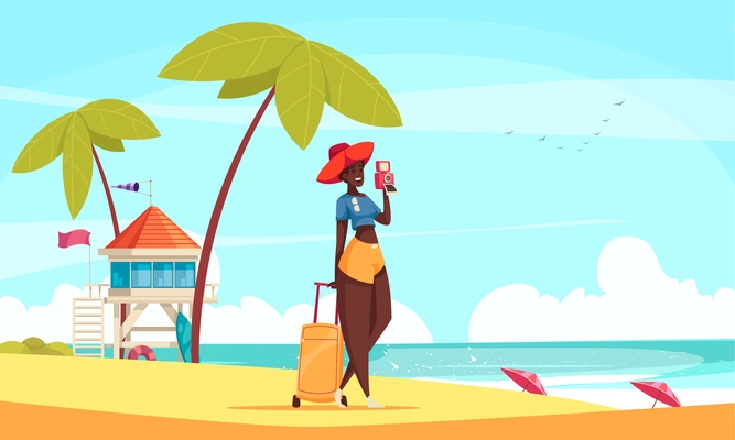 Smiling black woman tourist with suitcase taking photos on tropical beach with palms and lifeguard tower cartoon vector illustration