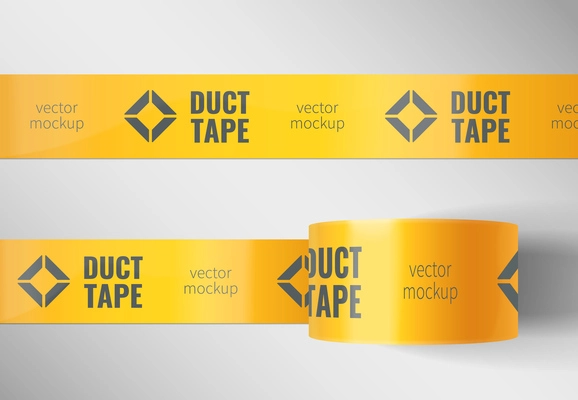 Set with two isolated duct tape mockup realistic images with yellow strip editable text and logo vector illustration