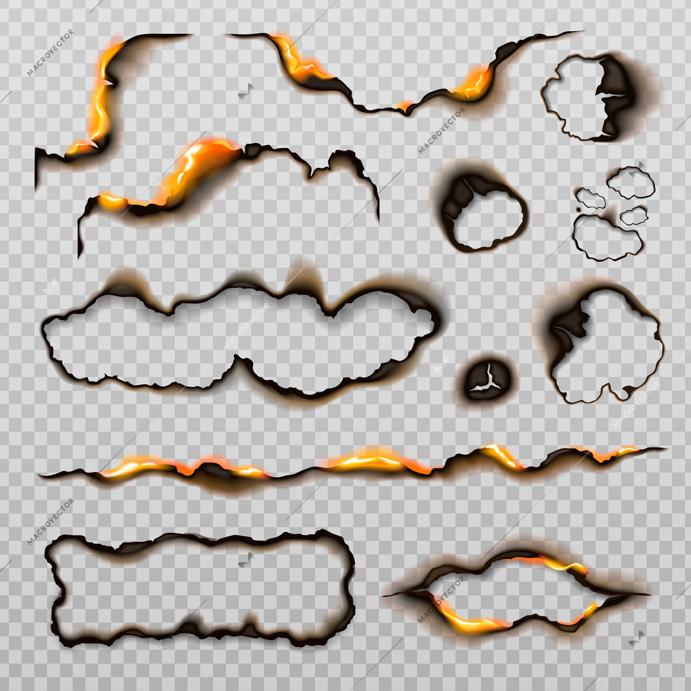 Burnt paper realistic set with transparent background and isolated images of burning border shapes with fire vector illustration