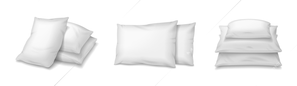 Pillows realistic set with isolated images of piles and stacks of white pillows on blank background vector illustration