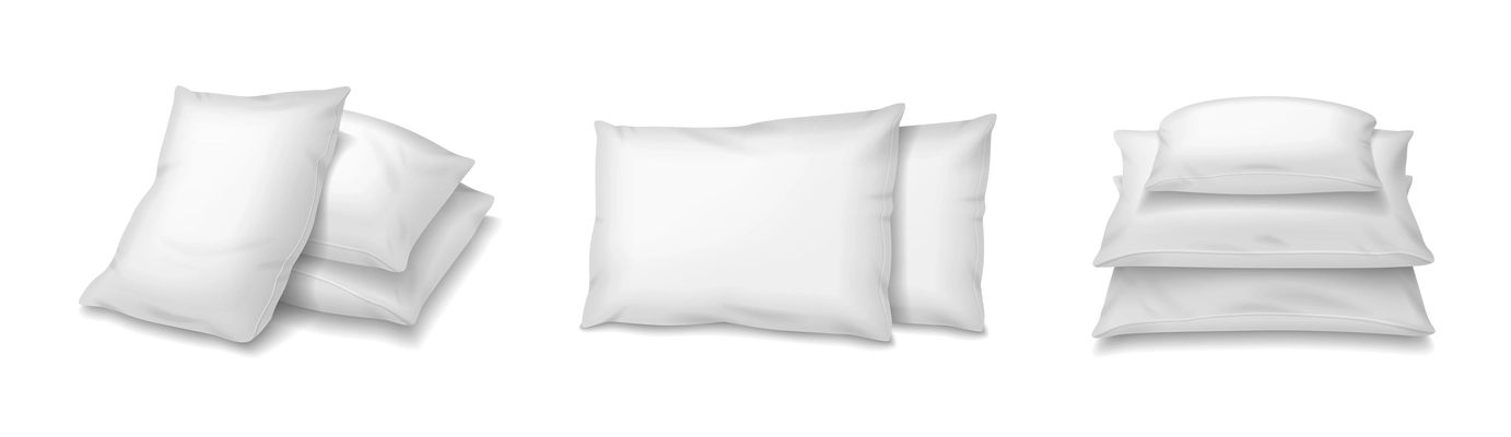 Pillows realistic set with isolated images of piles and stacks of white pillows on blank background vector illustration