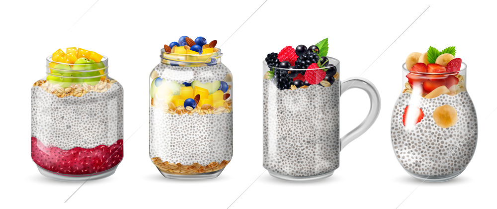 Realistic chia pudding icon set in jars and glasses with fruits berries and mint leaves vector illustration