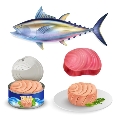 Realistic tuna icon set fish carcass cooked steak raw piece of meat and canned vector illustration