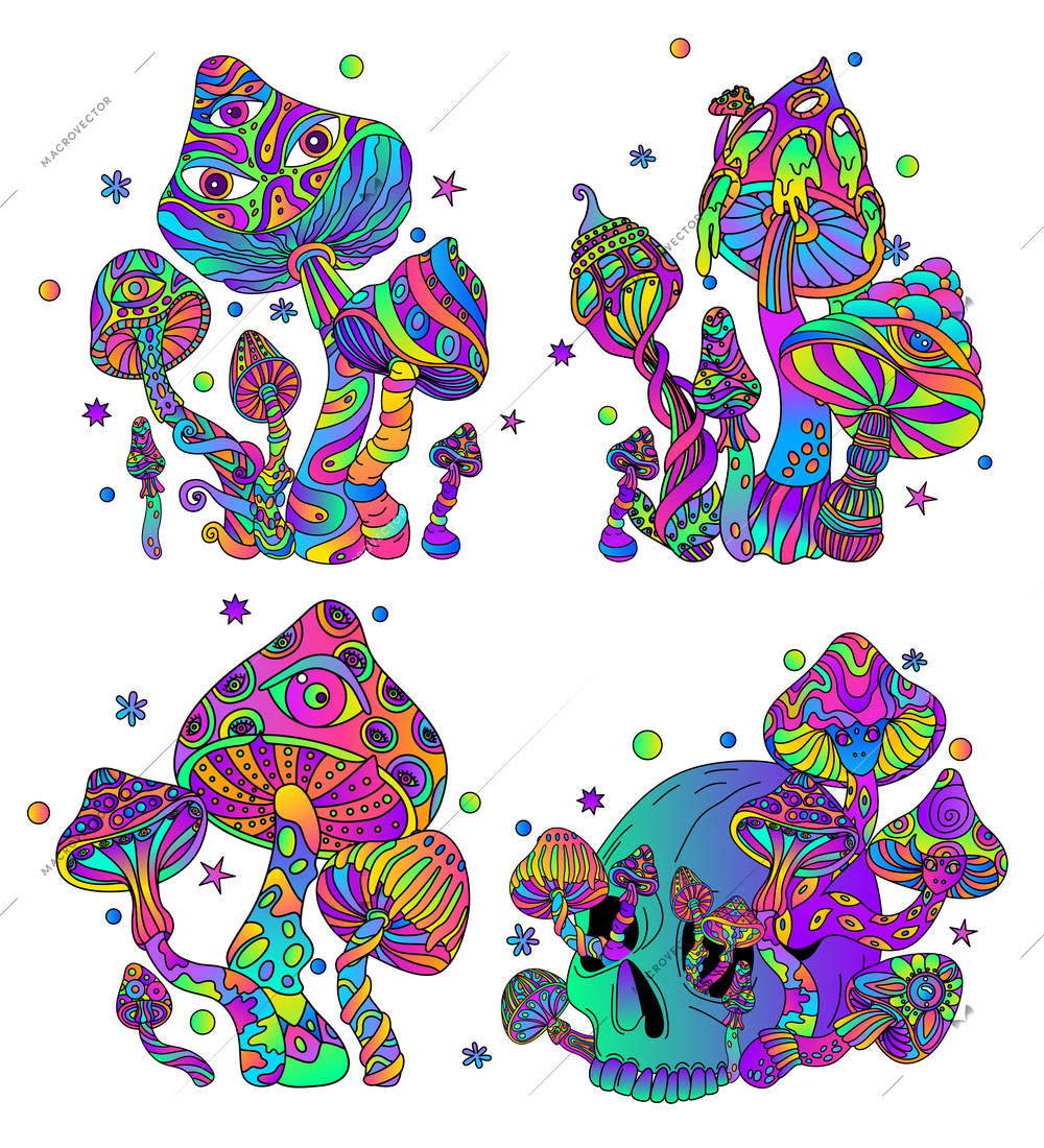 Trippy mushroom psychedelic compositions set with isolated images of gradient colored mushroom clusters with stars particles vector illustration