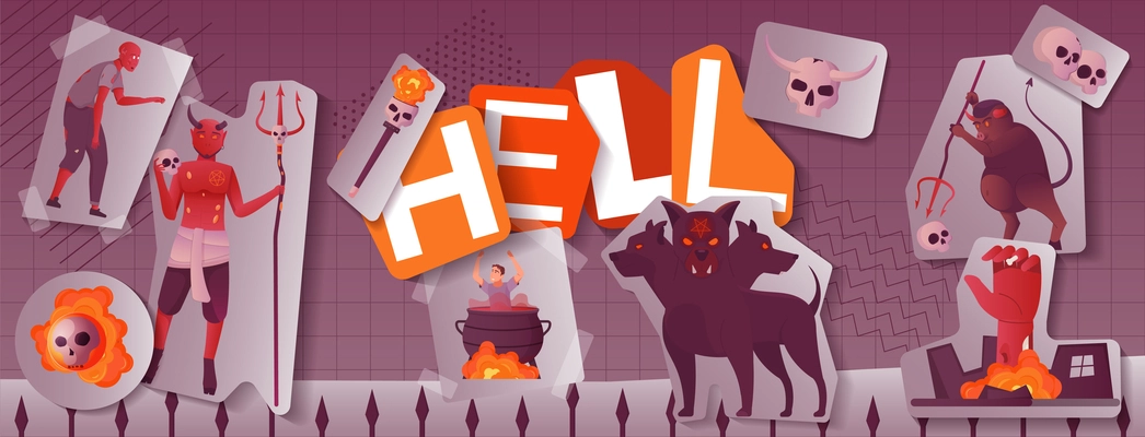 Hell collage in flat style with devils skulls and evil creatures on paper pieces vector illustration