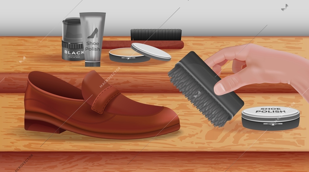 Footwear care realistic composition with shoe jar and tube of polish and human hand holding brush vector illustration