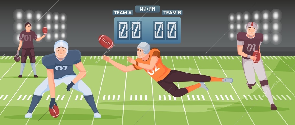 Male players playing american football on soccer field with score board flat vector illustration