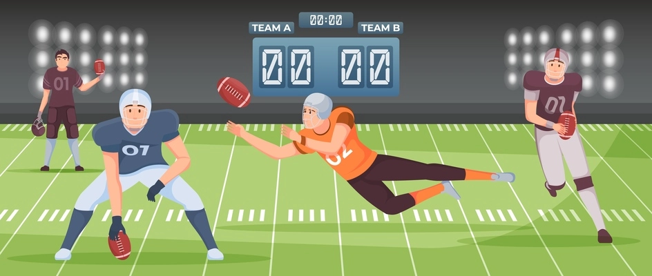Male players playing american football on soccer field with score board flat vector illustration
