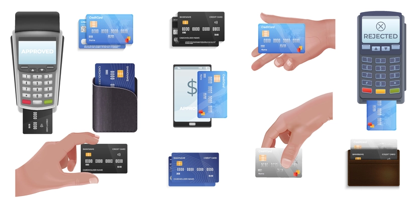 Realistic set of mockup debit cards in human hands wallets payment terminals isolated vector illustration