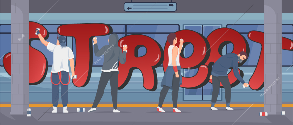 Teenagers painting graffiti letters on subway car with spray paint flat vector illustration