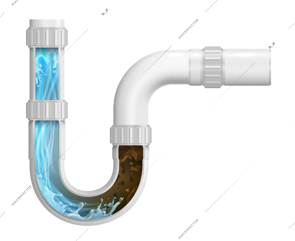 Plastic sewer pipe with blockage and drain cleaner realistic design concept on white background vector illustration