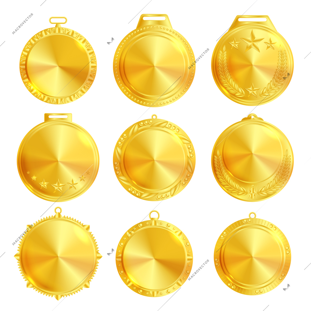 Gold medal mockup with laurel wreath and stars realistic set isolated on white background vector illustration