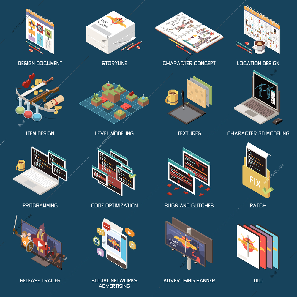 Game development isometric icons set with storyline symbols isolated vector illustration