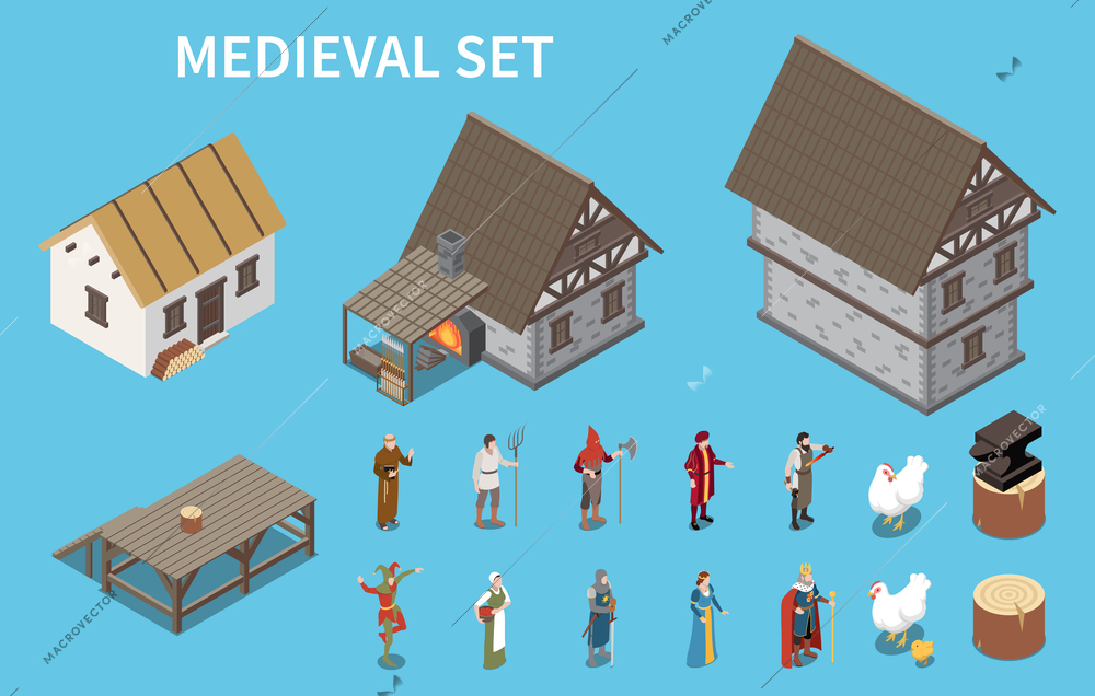 Medieval isometric set with princess and knight isometric isolated vector illustration