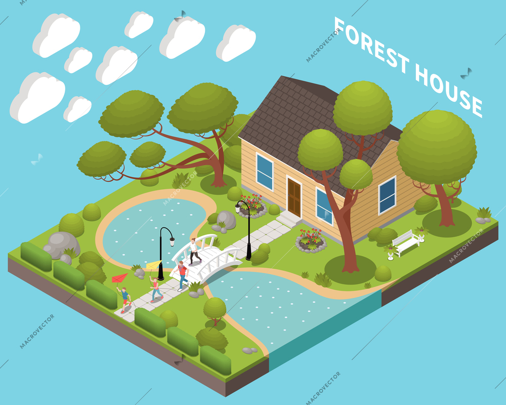 Landscape design concept with forest house and park isometric vector illustration