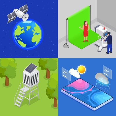 Meteorology 2x2 isometric set with tv and online weather forecast meteorological station satellite isolated 3d vector illustration