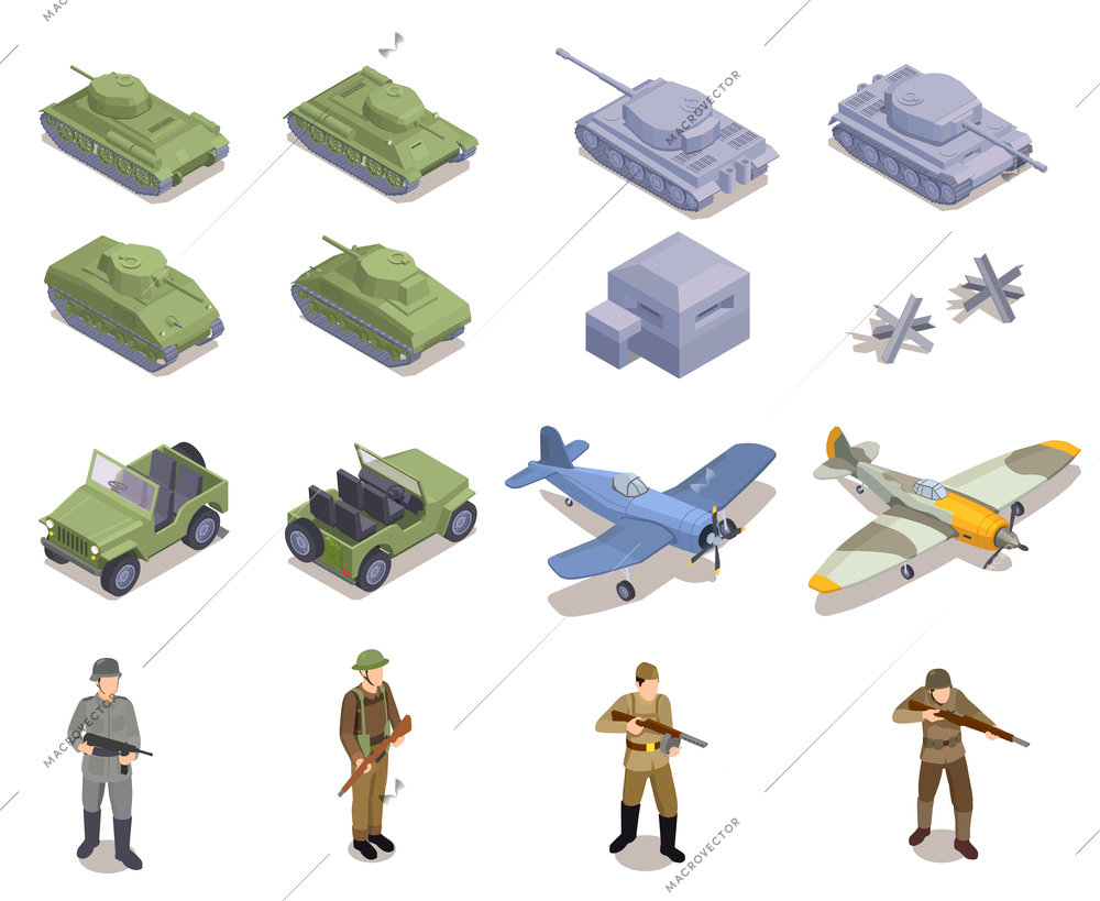 WWII military vehicles equipment and soldiers isometric icons set isolated vector illustration