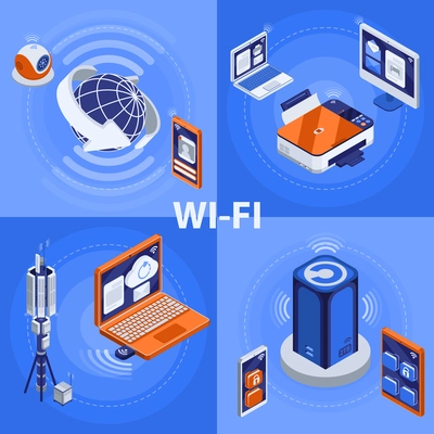 Wireless technology concept isometric icons set with wifi symbols isolated vector illustration
