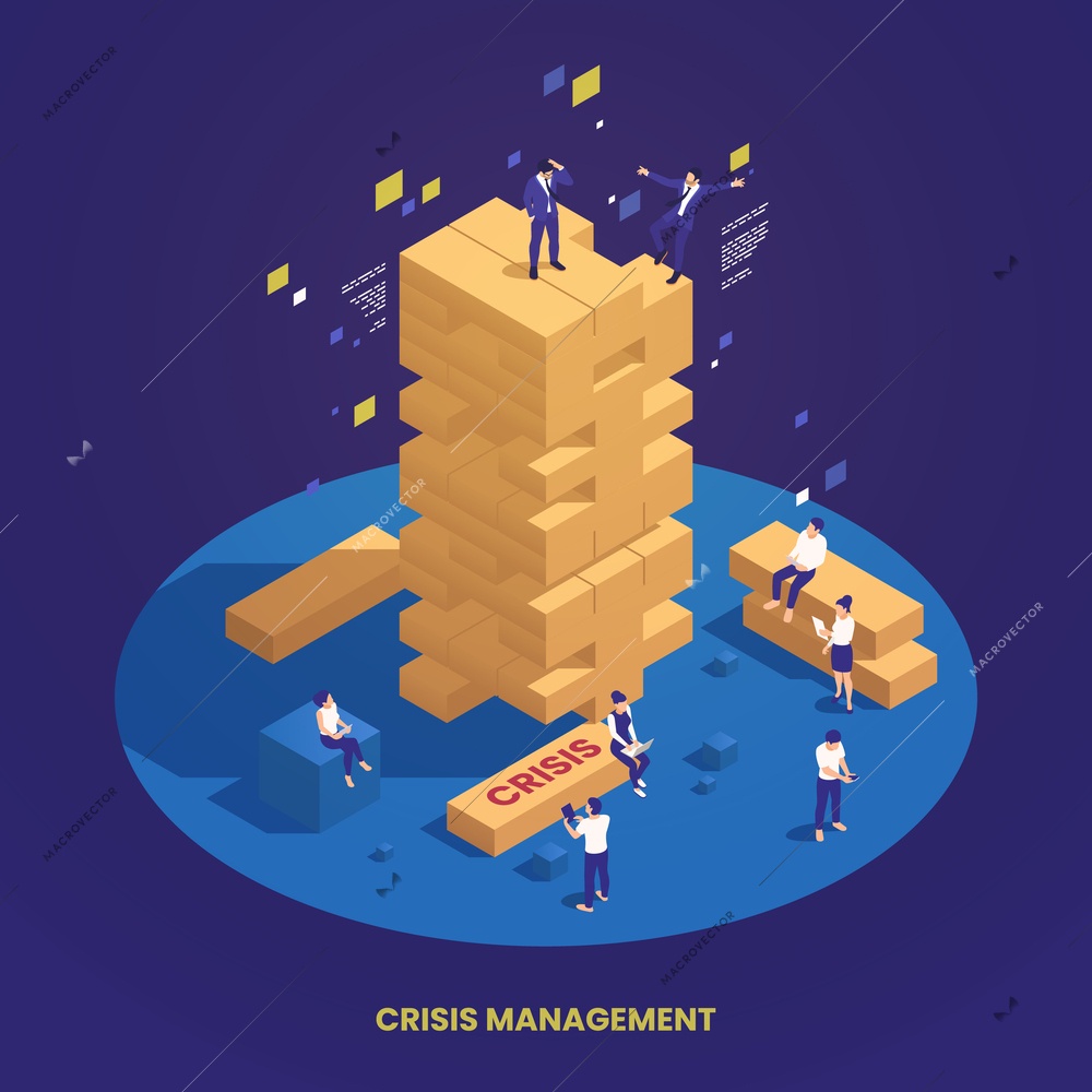 Crisis management isometric concept with business people playing jenga game vector illustration