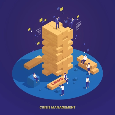 Crisis management isometric concept with business people playing jenga game vector illustration