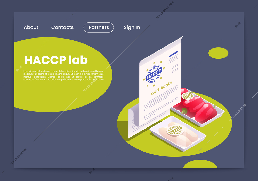 HACCP food safety isometric concept with certification lab web site template vector illustration
