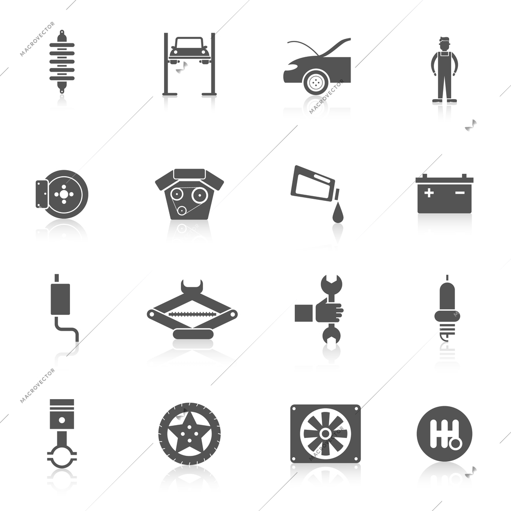 Auto service black icon set with automobile battery car parts transport service symbols isolated vector illustration