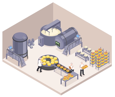 Isometric cheese production composition with indoor view of factory department with industrial mixers and conveyor lines vector illustration