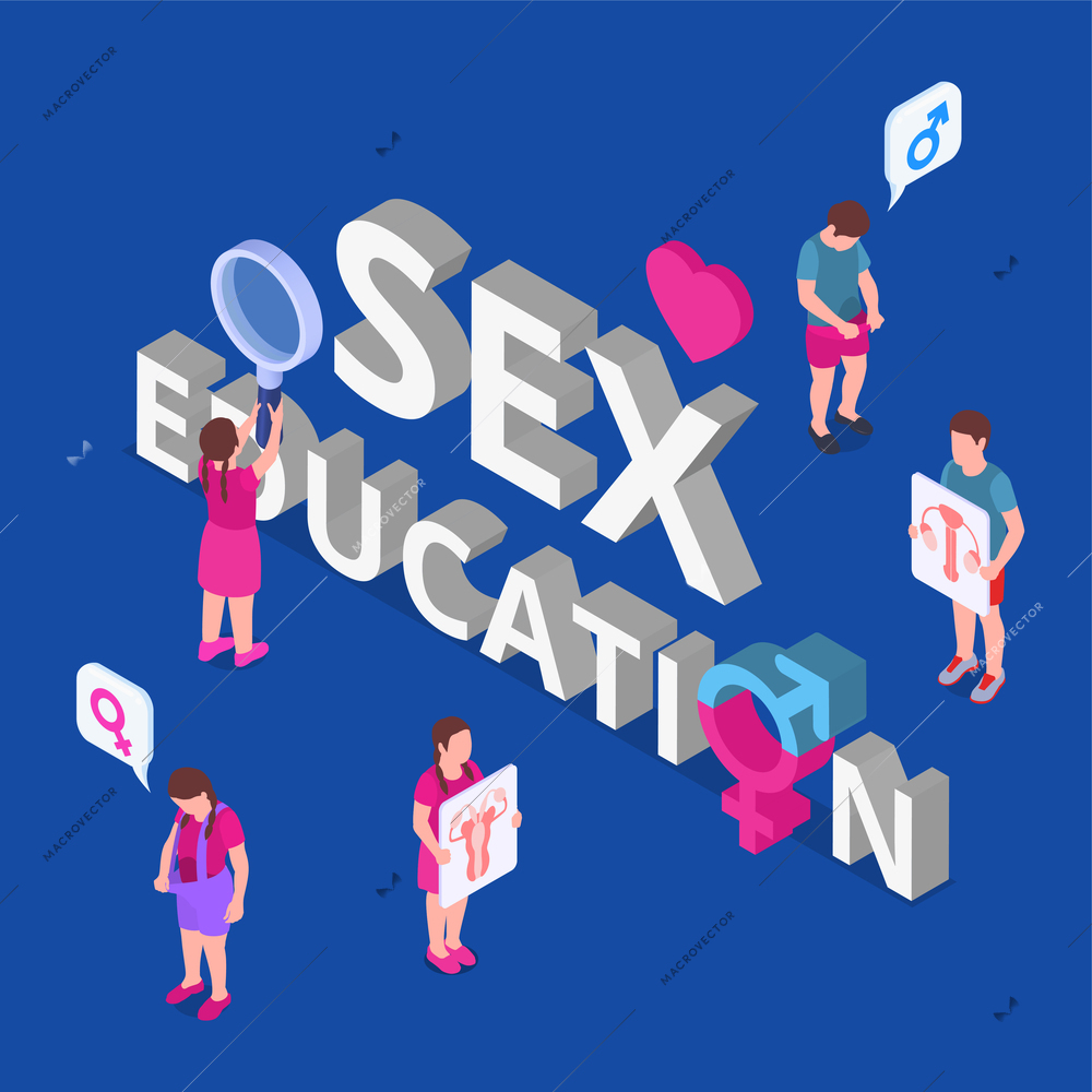 Sex education isometric concept with internal organs and gender symbols vector illustration