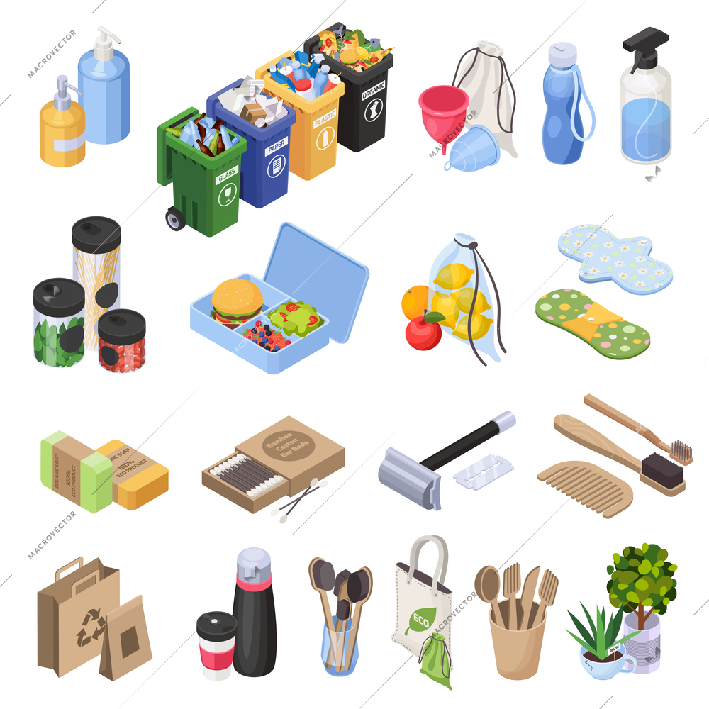 Sustainable living zero waste isometric set of man made eco items trash cans with sorted rubbish isolated vector illustration