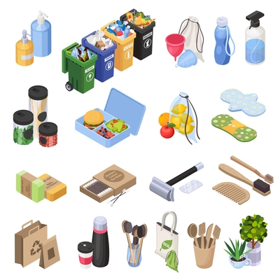 Sustainable living zero waste isometric set of man made eco items trash cans with sorted rubbish isolated vector illustration