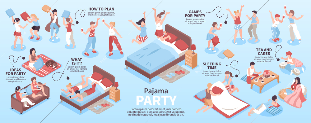 Pajama party isometric infographics with fun ideas food games happy human characters wearing pyjamas on blue background 3d vector illustration