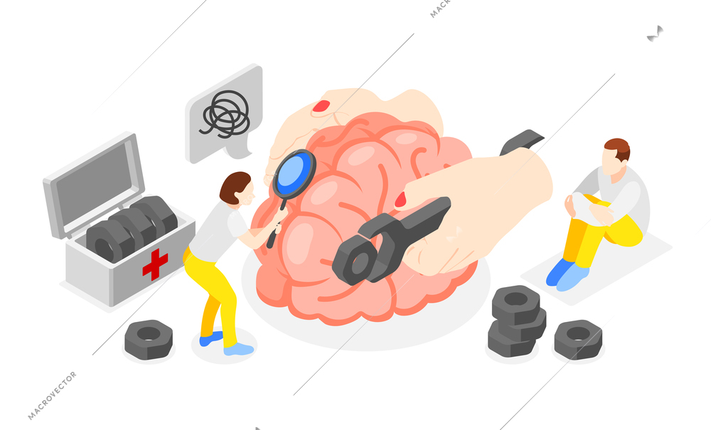 Mental health isometric composition with mental disorder symbols vector illustration