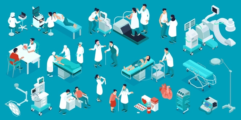 Cardiology isometric set of medical employees leading the reception and examine  of patients and performing heart surgery isolated vector illustration