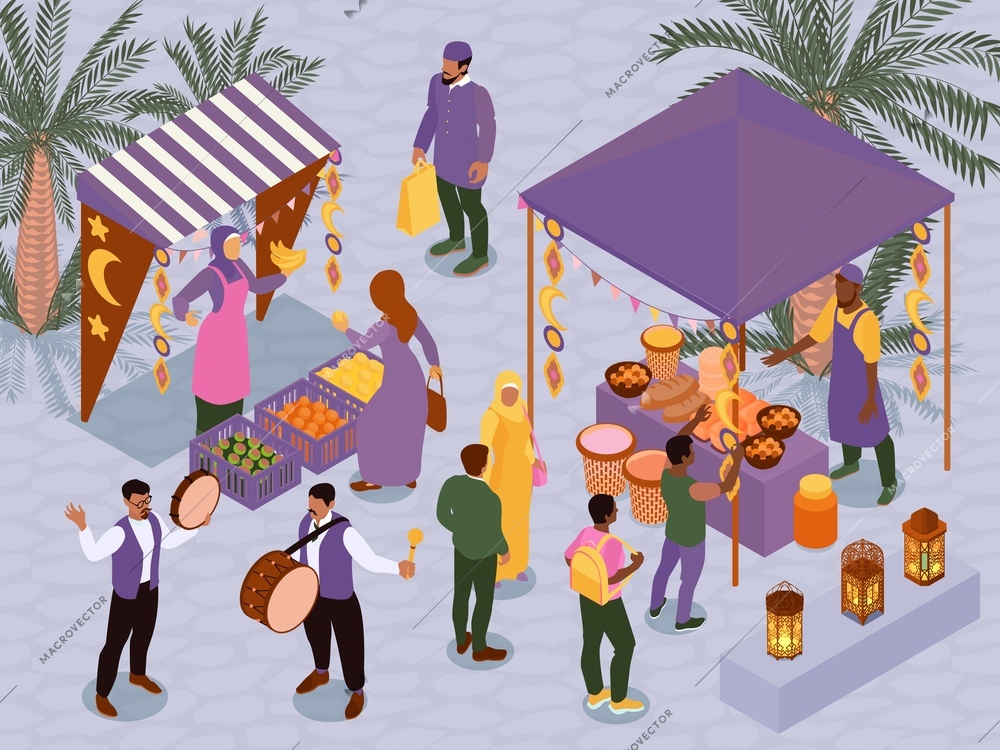 Ramadan isometric vector illustration with muslims celebrating buying lean products at market decorated with lanterns