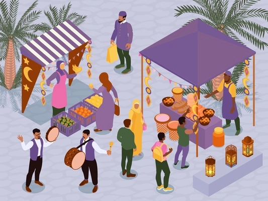 Ramadan isometric vector illustration with muslims celebrating buying lean products at market decorated with lanterns