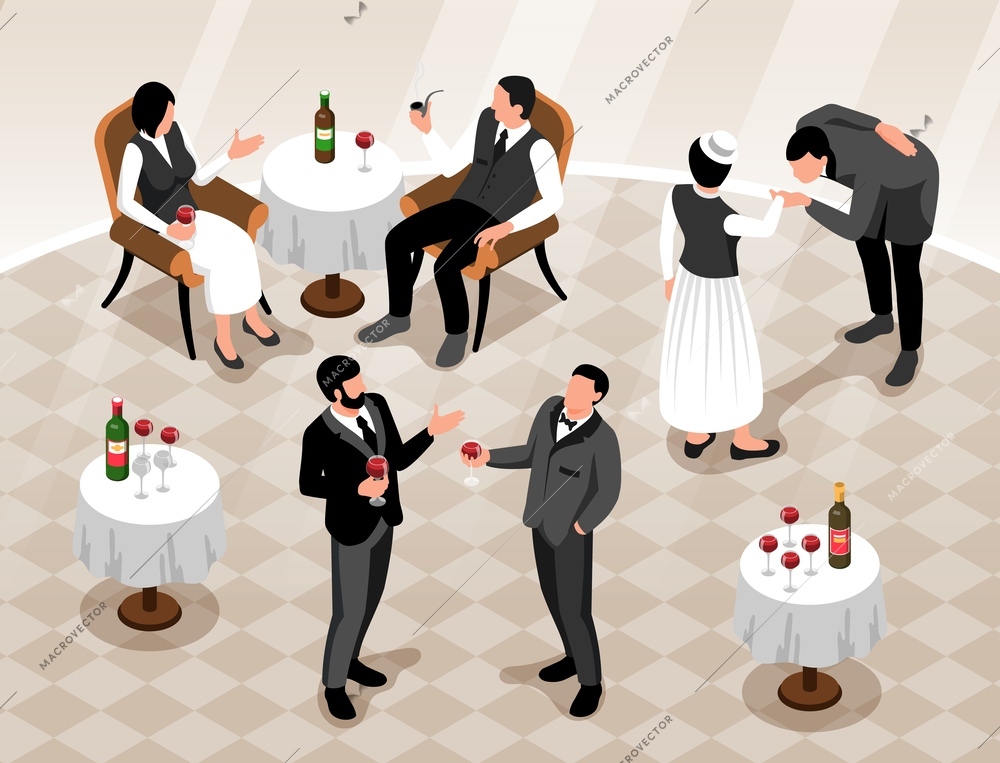 Isometric gentleman lady composition with indoor view of banquet hall with tables drinks and vintage people vector illustration